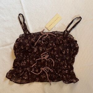 Thirty/Thirty Floral Ruffle Crop Tank - Brown with Pink Floral